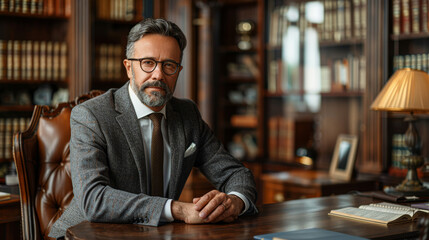 A mature, scholarly gentleman with grey hair and glasses, wearing a tailored tweed suit, sits...