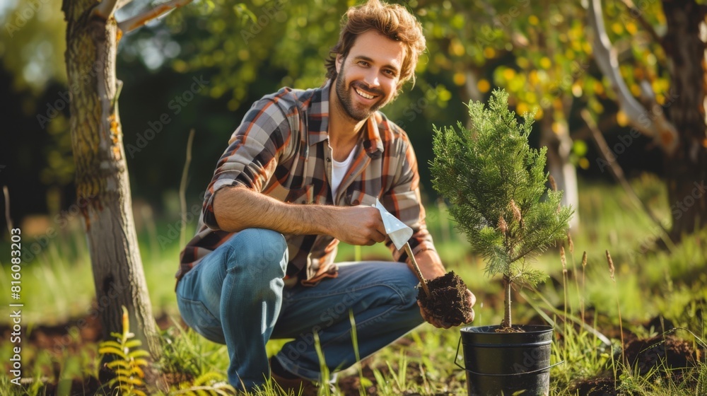 Canvas Prints smiling man planting a tree