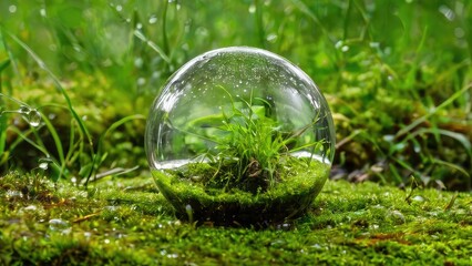Transparent glass ball lying on green moss, on forest background, raindrops on green grass, photorealism, reflections.  Ecology concept