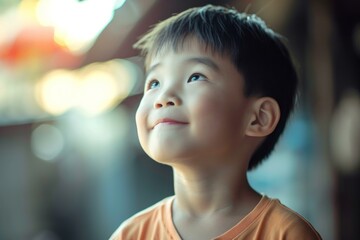Close-up of a smiling asian child looking up in a warm, glowing light