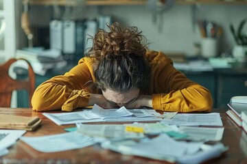 A person collapsed on their desk, exhausted from work, with papers scattered around No text or alphabet on image