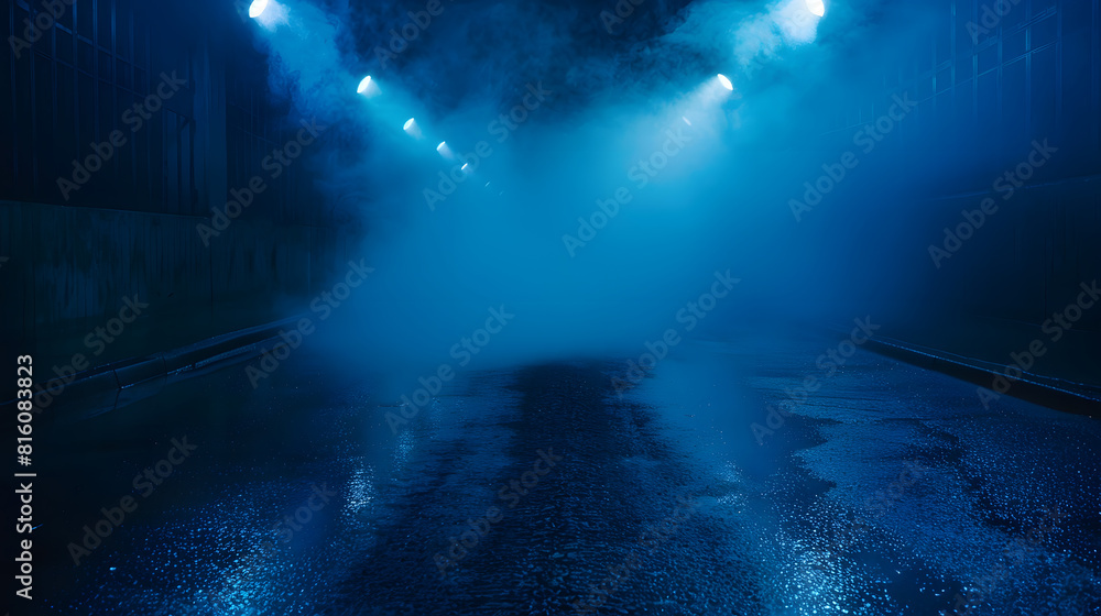 Poster a dark empty street dark blue background an empty dark scene neon light spotlights the asphalt floor