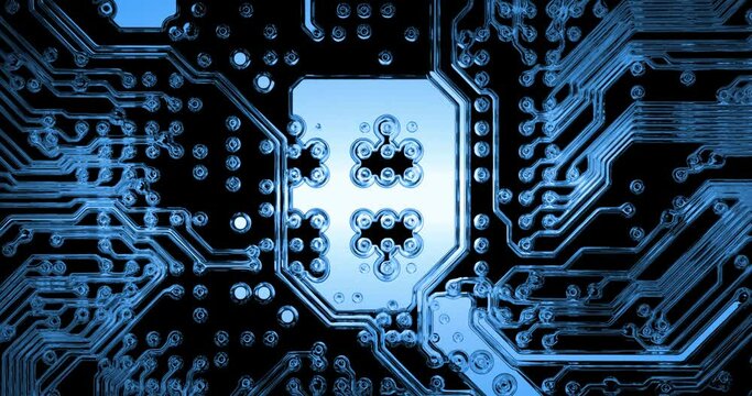Animation of technical scheme of computer circuit board with color changing. Details of mainboard with microelectronics components, lines and connections. Microcircuit with electronic components
