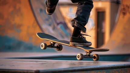 A person skateboarding in an urban skatepark, captured midtrick No text or alphabet on image