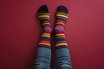 A pair of striped socks on a woman's legs against a burgundy background, in a closeup view, in the minimalistic style, copy space concept.
