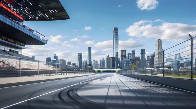 Panoramic skyline and buildings with empty race track road : Generative AI