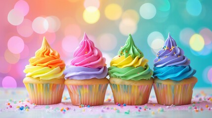 rainbow party themed, bright rainbow color delicious caupcakes on a pastel bokeh background, pride celebration