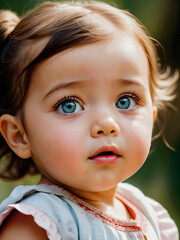 mała dziewczynka  dużych, zielono-brązowych oczach i delikatnych rysach twarzy. Dziewczynka mieć jasnobrązowe włosy, które opadają na jej czoło i ramiona. Ubrana być w niebieską sukienkę z ozdobnymi g