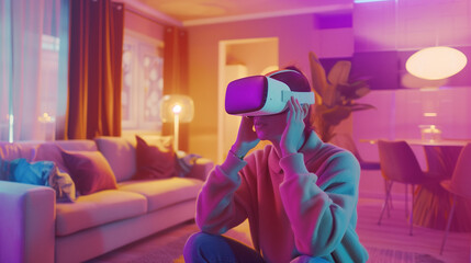 Home VR Experience - Person using VR goggles in the living room, surrounded by modern furnishings, emotions of surprise and joy.