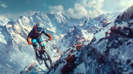 A photo of a mountain biker in a turquoise and orange outfit, riding fast down the hill with snow...