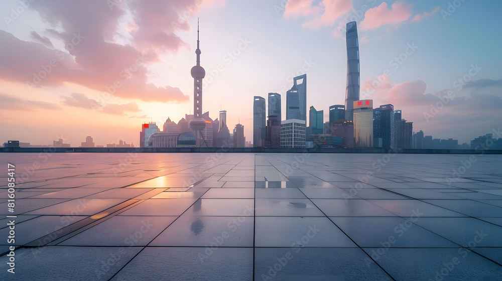 Poster Empty square floor and city skyline with buildings in Shanghai at sunset China : Generative AI