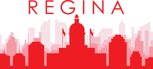 Obraz premium Red panoramic city skyline poster with reddish misty transparent background buildings of REGINA, CANADA