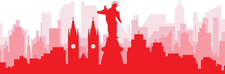 Red panoramic city skyline poster with reddish misty transparent background buildings of QUITO, ECUADOR