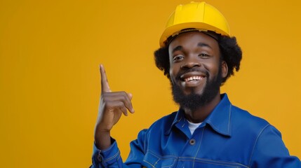 Smiling Worker Pointing Upwards