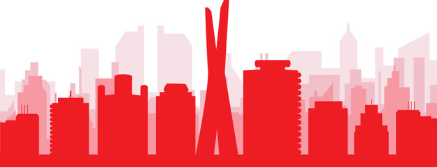 Fototapeta premium Red panoramic city skyline poster with reddish misty transparent background buildings of SAO PAULO, BRAZIL