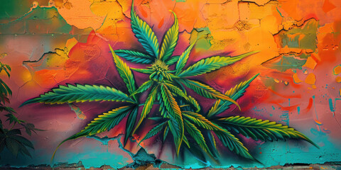 Cannabis plant painted with airbrush on colorful wall on the street, street art