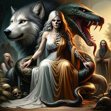 Mystic Dualism of Hel: Between Life and Death, The Norse goddess, half living and half dead. Fenrir and the Midgard Serpent. Daughter of Loki and Angrboda. Einherjar. Valhalla. Generative AI