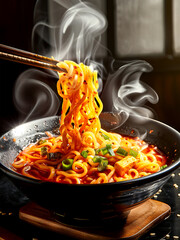 Ramyeon noodles, Spicy korean kimchi ramen (Sundubu Ramyun, Ramyeon) in hot bowl recipe. Asian korea noodles soup food menu. Asian street food noodles. Korean spicy ramyeon noodles with chopsticks.