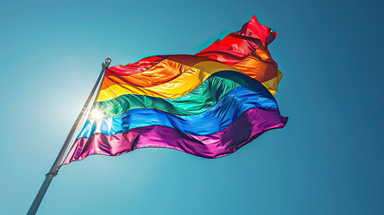 A vibrant LGBTQ flag with rainbow stripes fluttering in the wind against a clear blue sky, symbolizing diversity and inclusion
