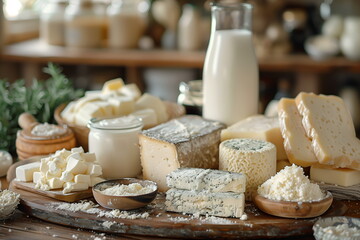 Various milk products: hard cheese, soft cheese, milk, butter, sour cream laid out on a wooden tray. Farm dairy products concept. World Milk Day