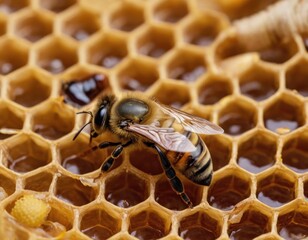 Close-up of a honeybee on honeycomb with other bees, perfect for nature and wildlife themes.