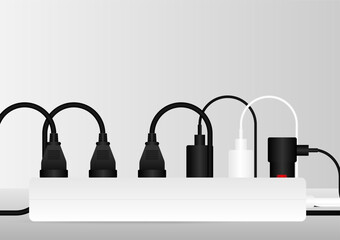 Multiple Electric Plugs and Power Outlet. Save Energy and Electricity Concept. Vector Illustration. 