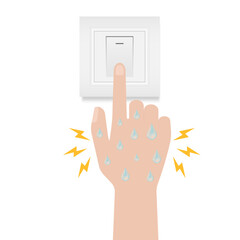 Wet Hand Turning On and Off Light Switch which can cause Electric Shock. Do not use Electricity with Wet Hand. Electricity Short Circuit. Vector Illustration. 