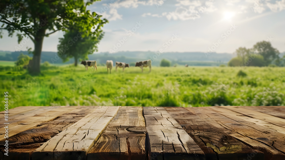 Poster empty wooden table top with grass field and cows background : generative ai