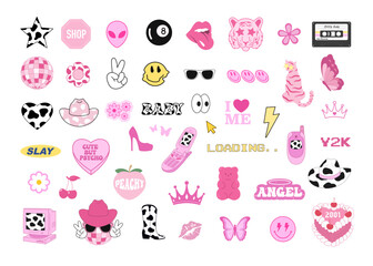 Y2K pink stickers set. Cute groovy pink 2000s icons.
