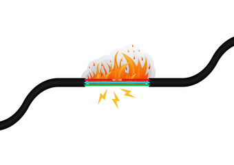 Electricity Short Circuit. Electric Shock. Power Cable. Broken Electric Wires with Fire and Spark. Damaged Electric Cable. Vector Illustration. 