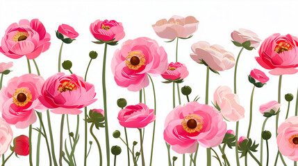 Fototapeta premium Ranunculus. Vector drawing of pink buttercups on a white background. Floral elements for decoration