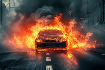 Dramatic image of a car completely ablaze in the middle of an urban road with smoke billowing