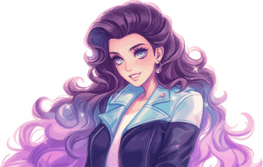 Beautiful woman character in vintage 80s clothes, purple hair vector