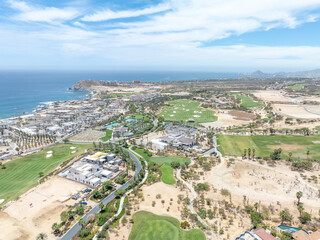 Aerial view of luxury golf course on the pacific ocean in Los Cabos, Cabo San Jose, Mexico