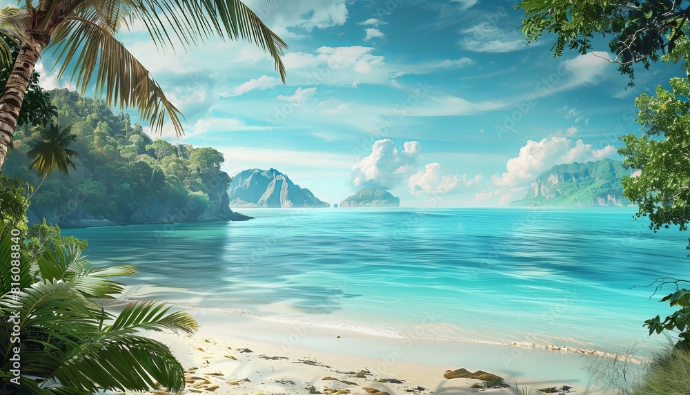 Canvas Prints This dreamy tropical beach scene shows a pristine sandy shore with crystal clear blue waters and lush greenery