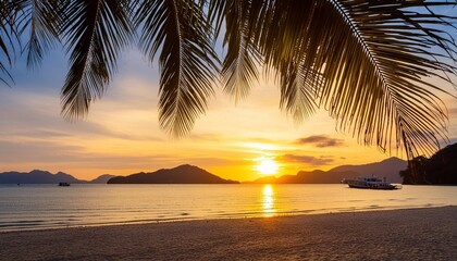 silhouette of palm tree leaves beautiful sunset on the tropical sea beach in langkawi malaysia