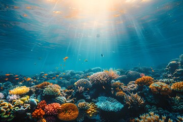 Fototapeta premium A close up of a coral reef with many different types of corals