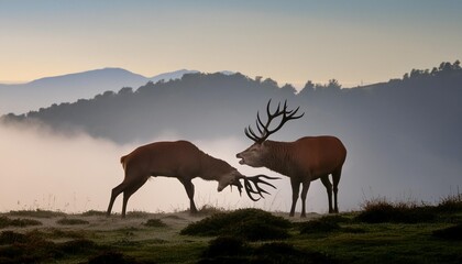 Fototapeta na wymiar two red stags sparing in the morning mist