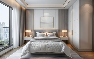 Modern bedroom interior design, king size bed with headboard and soft lighting, white walls with gray paneling on the wall behind it