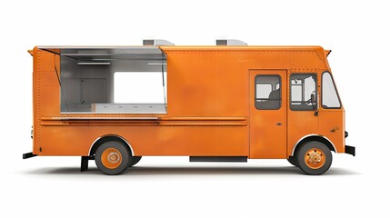 Vibrant Orange Delight: A Quirky Food Truck on a Clean White Canvas