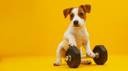 cachorrinho fofo fazendo exercício esportivo com halteres em fundo amarelo