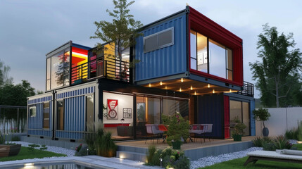 Obraz premium A shipping container house in ultra-modern design style and Charcoal Gray and White and Blue, Red and Black colors