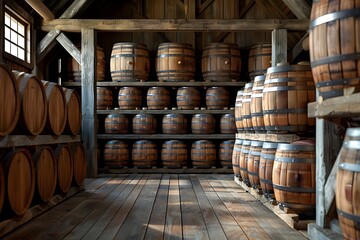 A close up of a room with a bunch of barrels on shelves