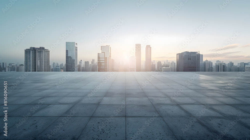 Poster panoramic skyline and buildings with empty concrete square floor : generative ai