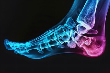 A close up of a foot with a blue and pink x-ray