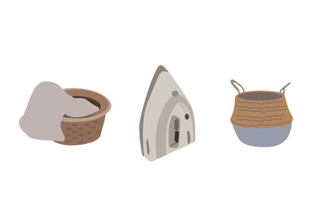 Everything for ironing. Vector illustration. Vector flat beige iron. Clean clothes for ironing. Laundry basket vector. A kind of wicker baskets for things. Everything for home comfort