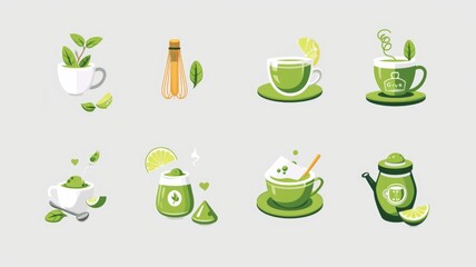 Icons and Symbols of matcha to denote specific advantages, such as energy boost, calorie savings, or immune support