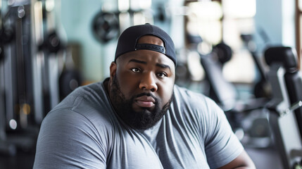 A man with a black hat and beard is sitting in a gym. He looks tired and is staring at the camera. Overweight black man in the gym