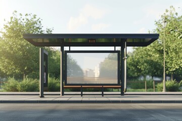 Tranquil bus stop scene with a bench under a shelter on a bright, sunny day