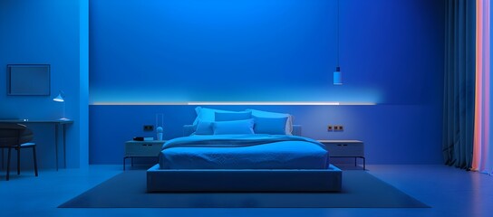 Modern bedroom interior with bed, night stand and desk against blue wall background with neon light strip